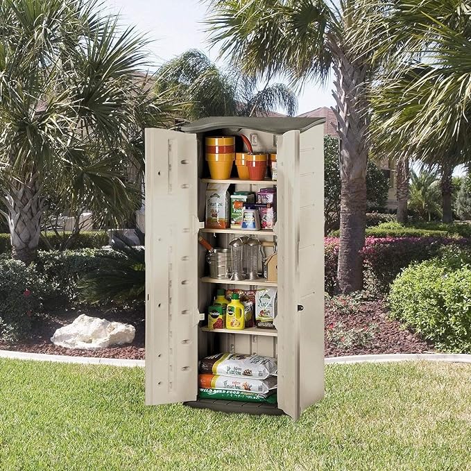 Rubbermaid Compact Vertical Resin Storage Shed With Floor (2 x 2.5 Ft), Weather Resistant, Beige/Brown, Organization for Home/Backyard/Garden Tools/Porch/Patio Cushions/Pool Chemicals/Toys Rubbermaid