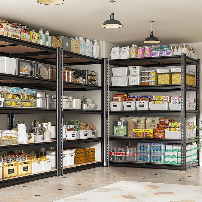 REIBII 2400LBS Storage Shelves 5 Tier Garage Shelving Heavy Duty, Adjustable Metal Shelving, Garage Shelves for Basement, Warehouse, Pantry, Closet, Kitchen 72" H x 35.55" W x 16" D, Black, 3 Pack REIBII