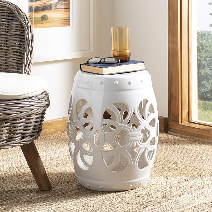 Safavieh Castle Gardens Collection Imperial Vine Antique White Glazed Ceramic Garden Stool SAFAVIEH
