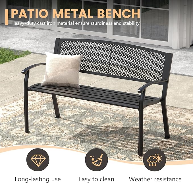 50.4" Garden Bench, Metal Outdoor Bench with Backrest and Curved Armrests for Patio Porch Lawn, Black Offeroutdoorsolutions