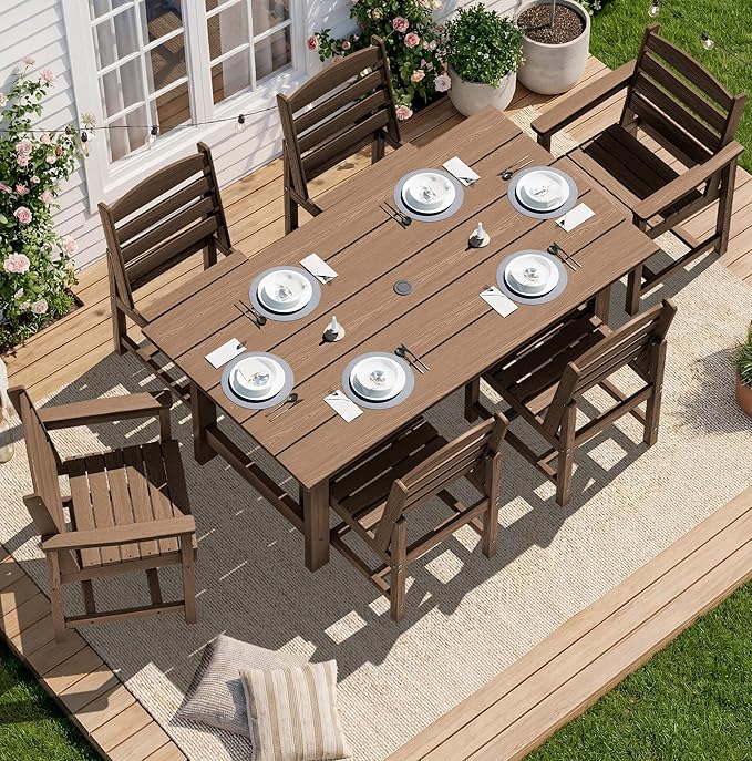 SERWALL Patio Dining Sets for 10 Person, HDPE Dining Set with 2 Tables, 8 Armless Chairs and 2 Armed Dining Chairs, Brown SERWALL