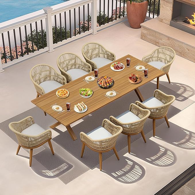 PURPLE LEAF 9 Piece Longer Patio Dining Set with Outdoor Aluminium Dining Table and Woven Chairs Modern Metal Furniture Cushions Sets for Garden Yard Indoor Decor Kitchen Teak PURPLELEAF