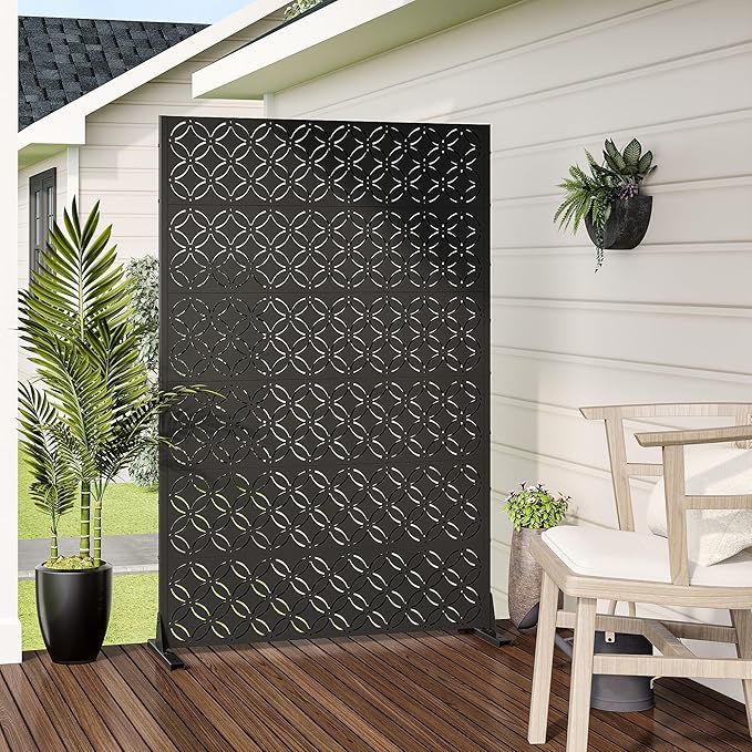 Casaphoria Metal Privacy Screen Outdoor, 72" H x 47" W Freestanding Decorative Privacy Screen for Patio Deck Balcony Garden with Stable Base, Palace Black Casaphoria