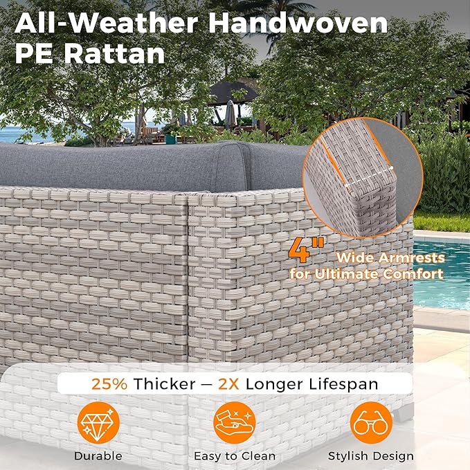 10-Seat Modern Patio Furniture Set with Swivel Rocking Chairs, Thick 4″ Cushions, Dual-Strand Wicker Rattan, Rust-Resistant Steel Frame – Outdoor Conversation & Modular Sectional,Gray MASIONBACKYARDS