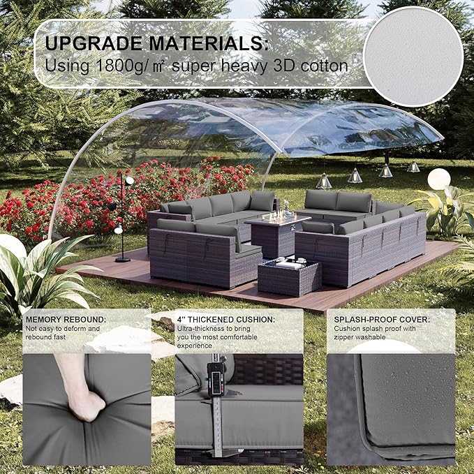 Kullavik 15 Pieces Outdoor Patio Furniture Set with 43" 55000BTU Gas Propane Fire Pit Table PE Wicker Rattan Sectional Sofa Patio Conversation Sets,Grey KULLAVIK