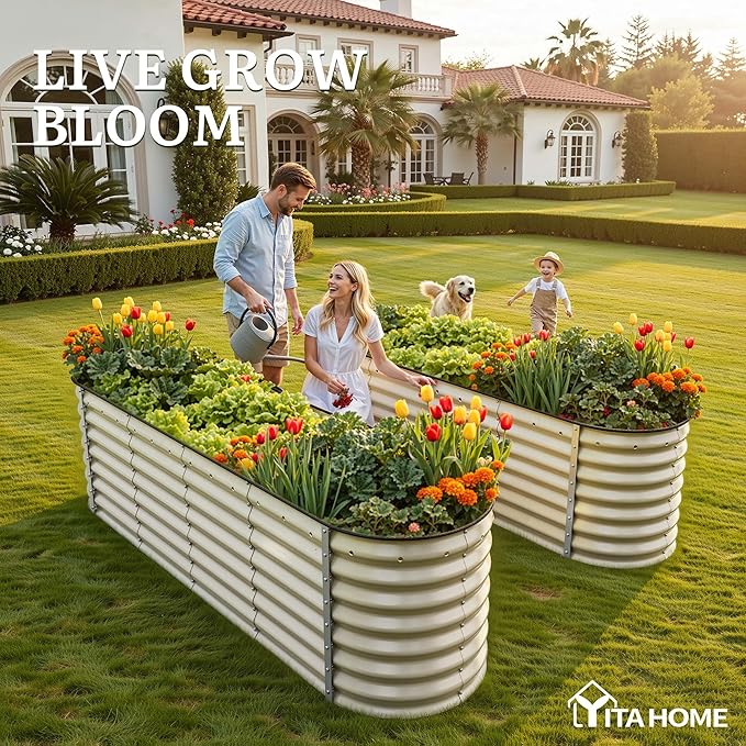 YITAHOME 24" Tall 9 in 1 Large Raised Garden Bed Kit, 8x4x2ft Galvanized Metal Planter Box with Gloves and Safety Rubber, Outdoor Above Ground Planters for Plants Vegetables Flowers, White YITAHOME