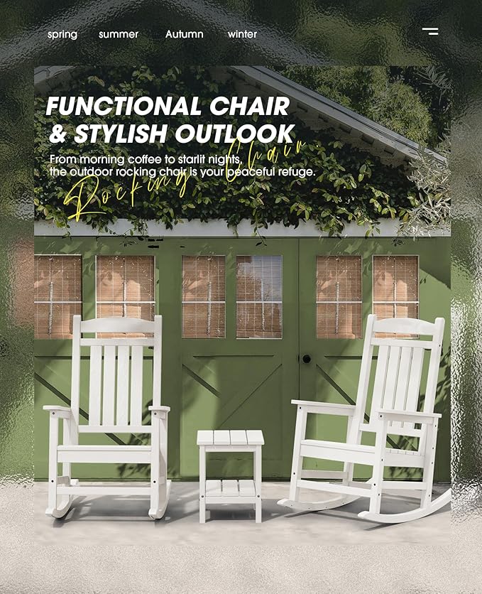 KINGYES HDPE Patio Rocking Chair Set of 4, Outdoor Rocking Chairs Porch Rocker for Adults, White KINGYES