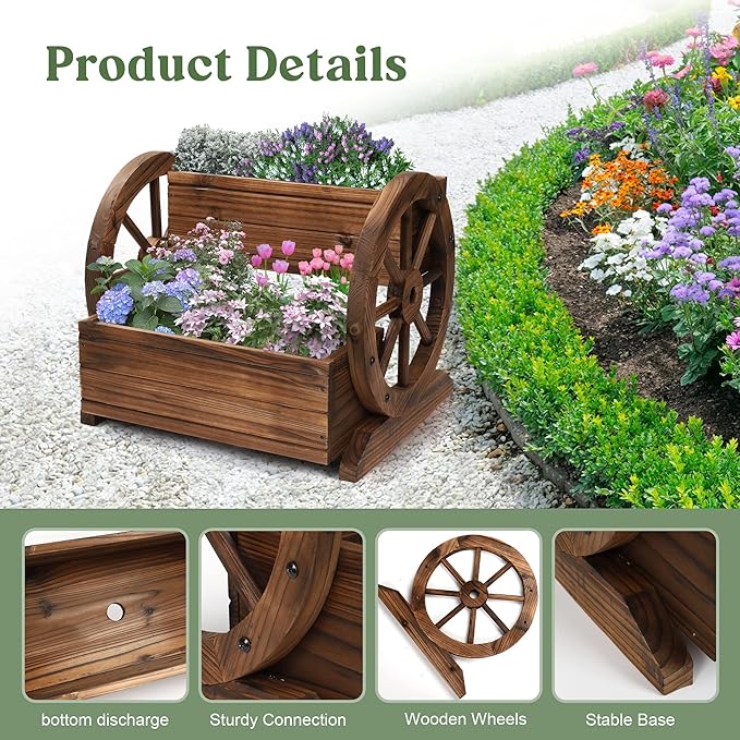 2PCS Wooden Wagon Planter Box, Garden Planter with Wheels,Decorative for Flowers Herbs Vegetables for Indoor & Outdoor Decor,Wooden Flower Cart for Patio Garden Balcony OIPRTGFJ