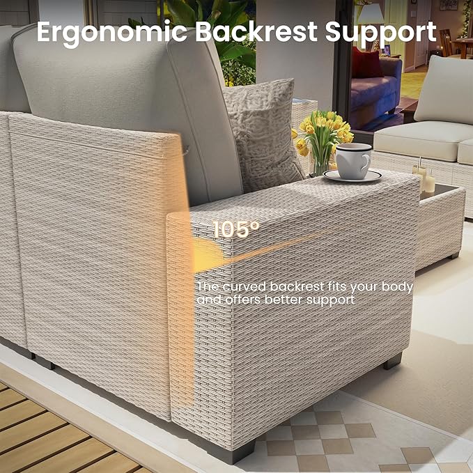 9 Piece Outdoor Patio Furniture Set with 43'' Fire Pit Table, Outdoor Sectional Furniture, Rattan & Wicker Modern Modular Conversation Set Sofa Couch W/Water Resistant Washable Thick Cushions, Beige Olimix