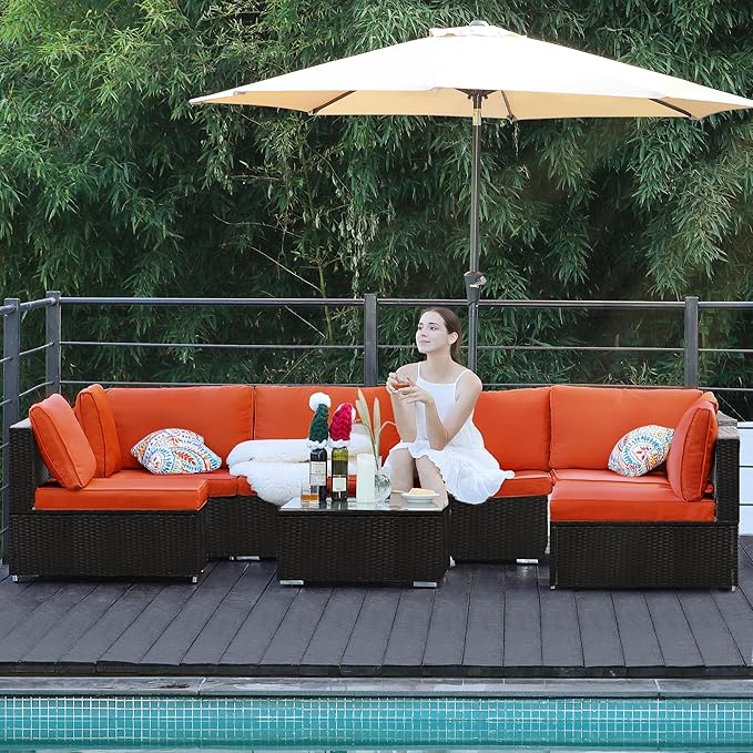 7-Piece Patio Furniture Set - Outdoor Sectional Sofa Set with Cushions and Glass-Top Coffee Table for Gardens, Poolside, Backyards and Porches, Black/Orange ZJEYEJZ