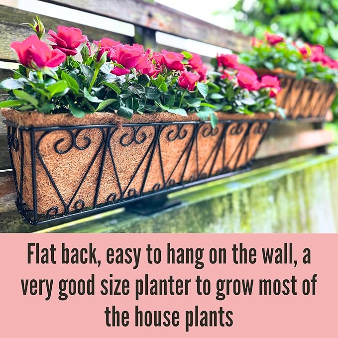 LaLaGreen Wall Planter - 4 Pack, 30 Inch Large Black Window Flower Basket Boxes Outdoor Attach House, Rectangular Deck Railing Hanging Pot with Coco Liner Over Rail Fence Balcony Patio Porch L%C3%A1L%C3%A1Green