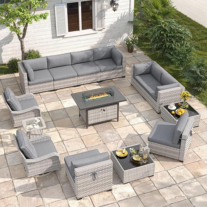 10-Seat Outdoor Wicker Patio Furniture Set with Fire Pit Table, Modular Rattan Sectional Sofa & 2 Swivel Rocking Chairs, 4" Thick Cushions, Rust-Resistant Frame,Black MASIONBACKYARDS