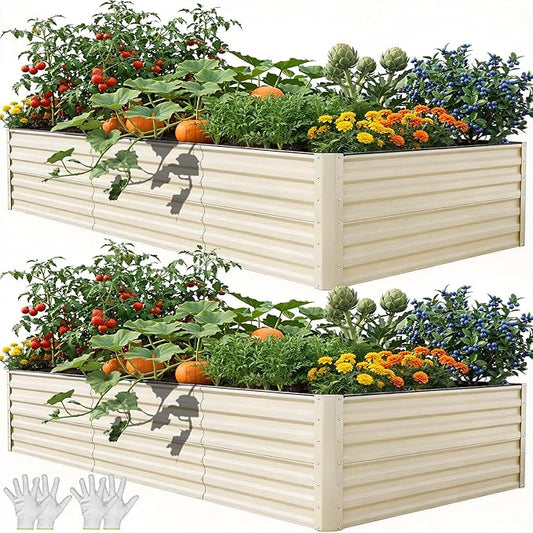 YITAHOME 8x4x2ft 2pcs Large Raised Garden Bed Kit, Galvanized Metal Planter Box with Gloves & Safety Rubber, Outdoor Above Ground Planters for Plants Vegetables Flowers, Cream Yellow YITAHOME