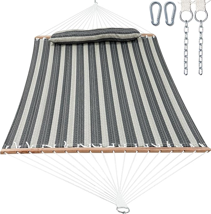 2 Person Hammocks for Outside, Double Quilted Fabric Outdoor Hammock with Spreader Bar, Large Removable Pillow, Storage Pockets, Carabiners, Max 475 lbs Capacity (Mountain Mist Gray) GafeteOutdoorLiving