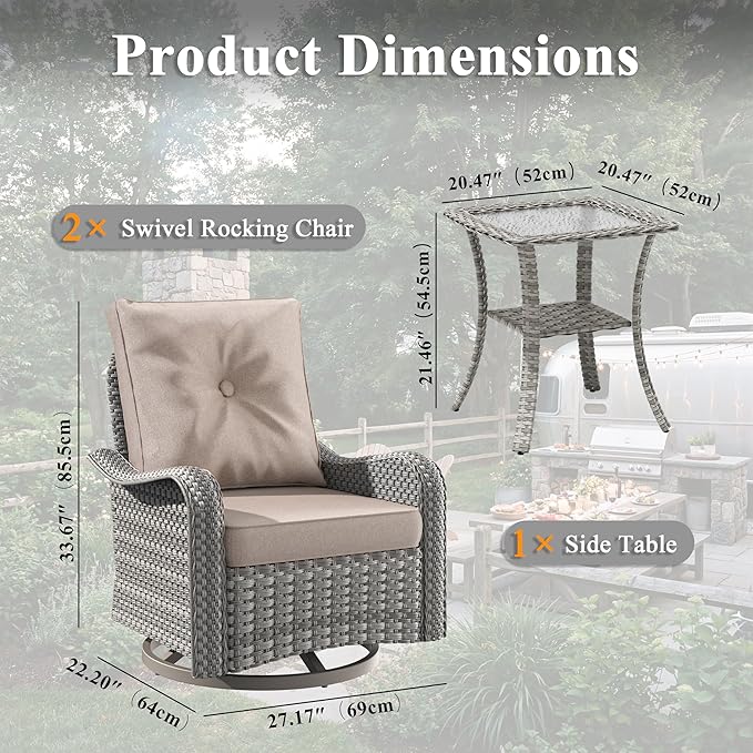 2-Seat Modern Patio Furniture Set with Swivel Rocking Chairs, Thick 4″ Cushions, Dual-Strand Wicker Rattan, Rust-Resistant Steel Frame – Outdoor Conversation & Modular Sectional,Beige MASIONBACKYARDS