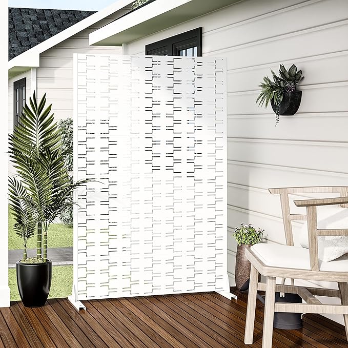 Casaphoria Metal Privacy Screen Outdoor, 72" H x 47" W Freestanding Decorative Privacy Screen for Patio Deck Balcony Garden with Stable Base, White-Brick Casaphoria