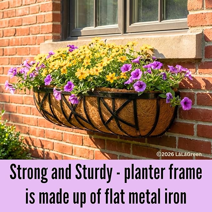 LaLaGreen 36 Inch, 2 Pack Window Boxes Planters – Large Black Metal Window Boxes for Outdoor Plant, Wall Mount Flower Pot with Coco Liner, Attach to House Fence Balcony Herb for Patio Porch Garden L%C3%A1L%C3%A1Green