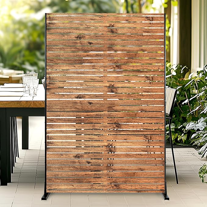 Metal Privacy Screen, 72" H×47" W Outdoor Privacy Screen, Freestanding Decorative Privacy Screen for Deck Balcony Patio, Natural Wood Brown FENCY