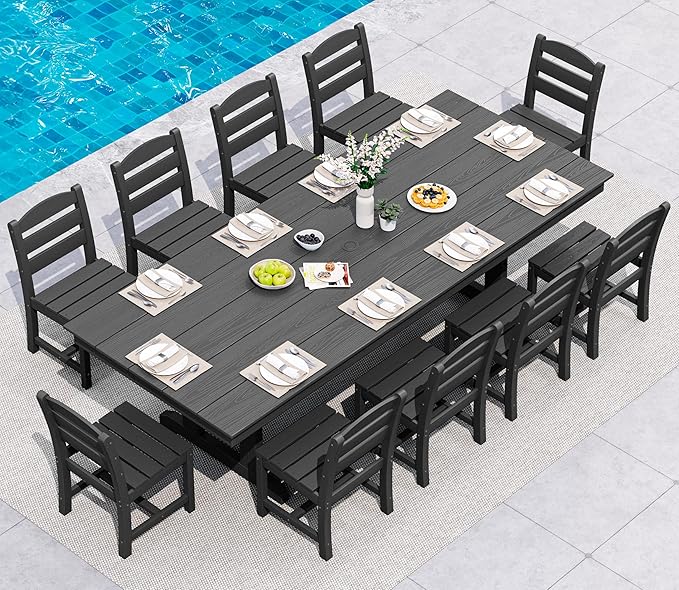 SERWALL 11 Piece Outdoor Dining Set, 84" HDPE Outdoor Table and Chairs for 10，All Weather Patio Furniture Set with Umbrella Hole for Backyard, Garden, Black SERWALL