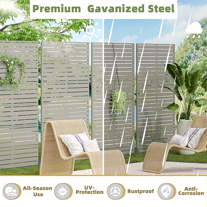 Casaphoria Metal Privacy Screen Outdoor, 72" H x 47" W Freestanding Decorative Privacy Screen for Patio Deck Balcony Garden with Stable Base, Grey-Louvered Casaphoria