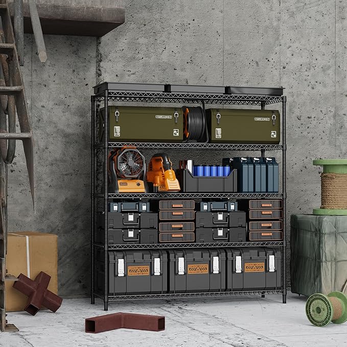 3500LBS 59" W 5 Tiers Storage Shelves, Metal Shelving Wire Metal Shelving Unit Shelves for Storage Adjustable Garage Shelving for Pantry Kitchen Garage Black 17.7" D x 59.1" W x 70.4" H MEIGAOPLASTICANDMETALHKCOLIMITED