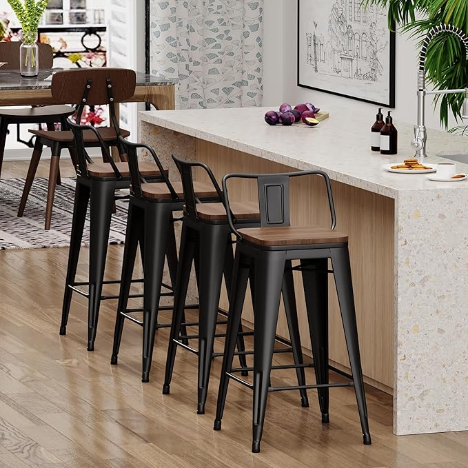 Yongchuang 24" Metal Barstools Set of 4 Counter Bar Stools with Wood Top Low Back Matte Black YongchuangInternational
