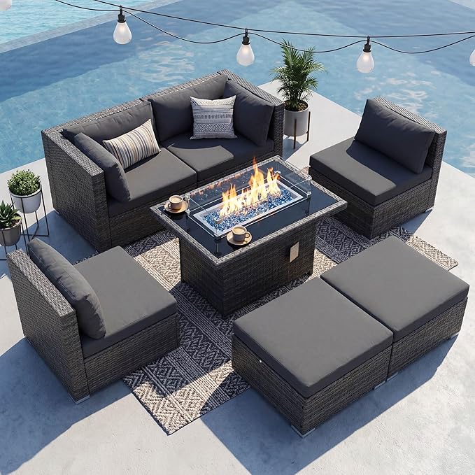 NICESOUL 29.3'' High Backrest Patio Furniture Set with Firepit Table Gas/Propane, Heavy Duty Deep Seating Outdoor Sectional Sofa Sets, 6 Seater Modern Luxury Extra Large Wicker Conversations, Gray NICESOUL