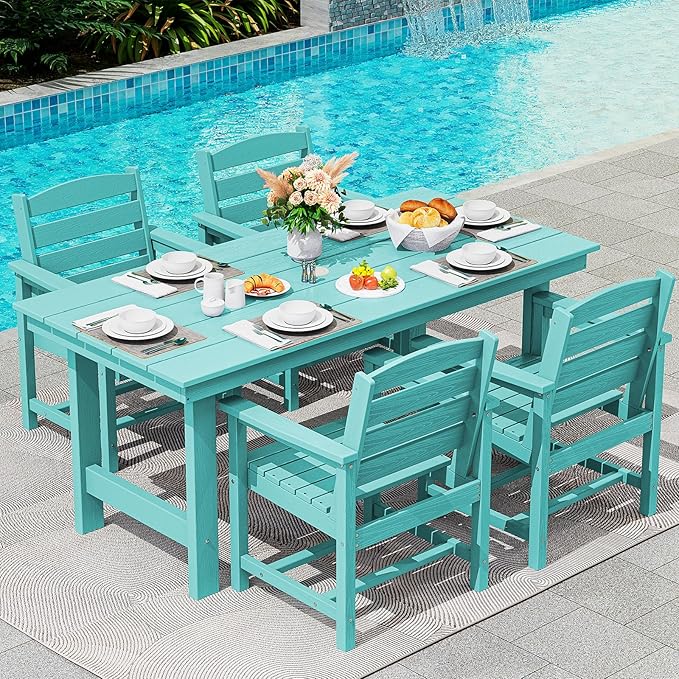 SERWALL Patio Table Set, 5-Piece Outdoor HDPE Furniture with Umbrella Hole, All Weather Dining Table and Chairs for Lawn, Garden, Poolside, Aruba SERWALL