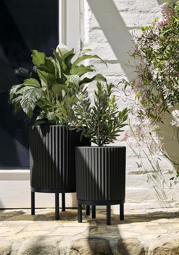 Veradek Demi Series Round Planter w/Stand for Porch/Patio | Durable Plastic-Stone Composite & Wooden Stand | Modern Décor for Tall Plants, Flowers VeradekOutdoor