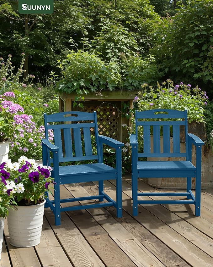 Set of 2 Weatherproof Patio Chairs - HDPE Outdoor Dining Chairs with Wide Seat, Ergonomic Design - for Garden, Backyard, Deck - Navy Blue Suunyn