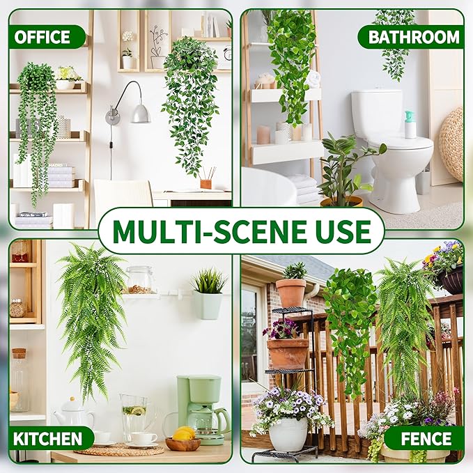 Palonu Artificial Hanging Plants for Shelf, 4 Pack Fake Potted Greenery Plant Faux Mandala Vine, String of Pearls, Ivy Vine,Persian Grass Fern in Pot for Desk Home Bathroom Farmhouse Room Table Decor Palonu