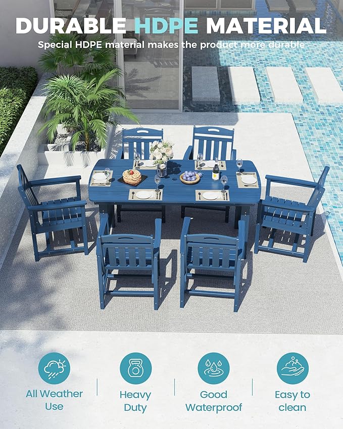 Ciokea HDPE Outdoor Dining Table with Umbrella Hole,66" Rectangle Patio Table for 6,All-Weather Outdoor Patio Furniture Set for Garden Backyard,Navy Blue CIOKEA