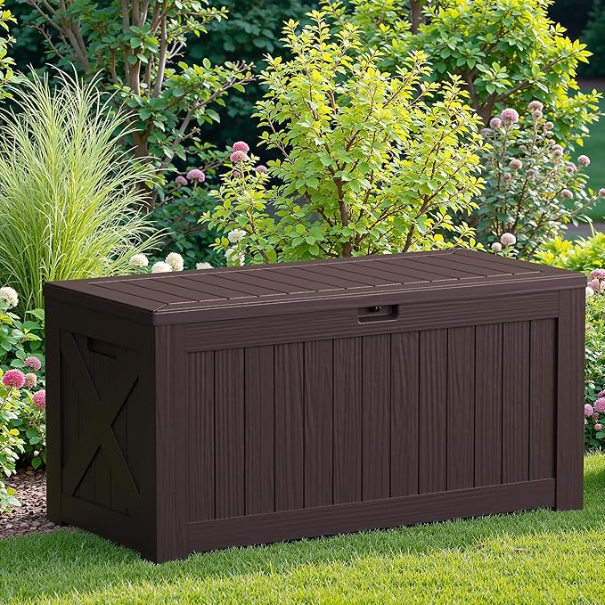JUMMICO 120 Gallon Resin Deck Box, Large Outdoor Storage Box Waterproof & Lockable for Garden, Patio, Pools (Deep Brown) JUMMICO