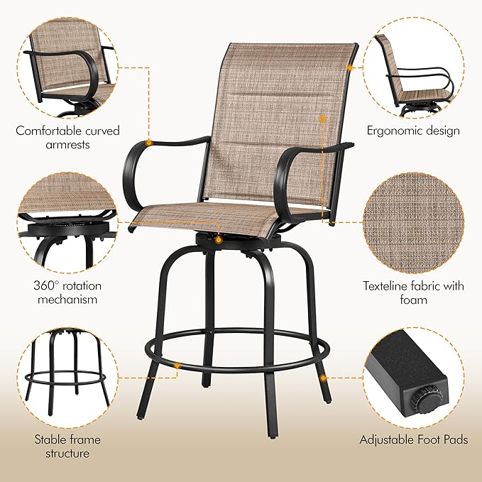 Yaheetech 6 Piece Patio Swivel Bar Stools Texteline Bistro Chairs with High Back/Armrest/Footrest, All Weather Padded Seating Outdoor Furniture Height Outdoor Chairs for Outside, Lawn & Garden Yaheetech