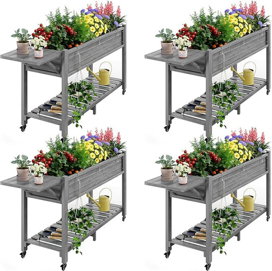 YEFU Raised Garden Bed with Legs: 57x18x30in Elevated Poly Planter with Wheels,Waterproof Mobile Raised Bed Garden, Elevated Planter Box Stand with Storage Shelf,for Deck,Patio,Porch,Yard (Grey,4pcs) YEFU
