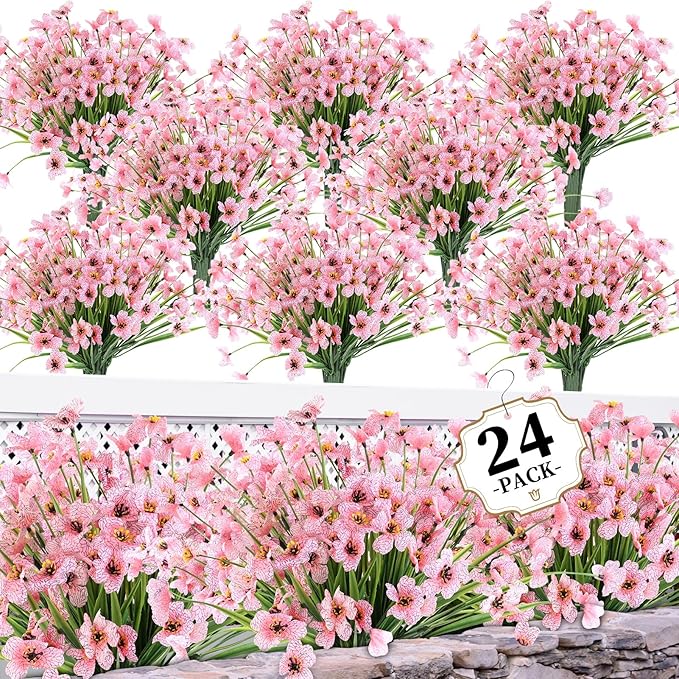24 Peach Bundles Artificial Flowers for Outdoors/Indoors Fake Flowers Plants for Indoor Outside Garden Porch Window Box Home Wedding Farmhouse ColoPlay