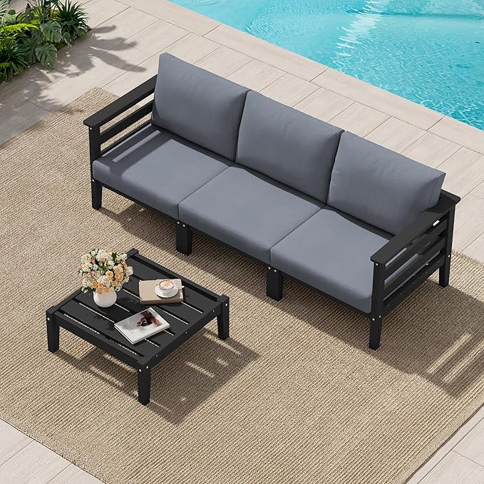SERWALL HDPE Patio Furniture Set, 4 Pieces Outdoor Sectional Sofa Set, All-Weather Wood-Like Outdoor Sofa Couch with Coffee Table for Deck, Lawn, Black Frame with Grey Cushion SERWALL