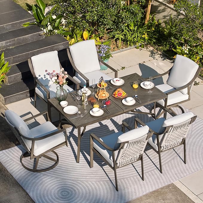 NATURAL EXPRESSIONS 7 Piece Patio Dining Table Outdoor Furniture Set for 6, 4Pcs Fixed and 2Pcs Swivel Patio Dining Chairs with Olefin Cushions, 65”Large Dining Table with Umbrella Hole NaturalExpressions