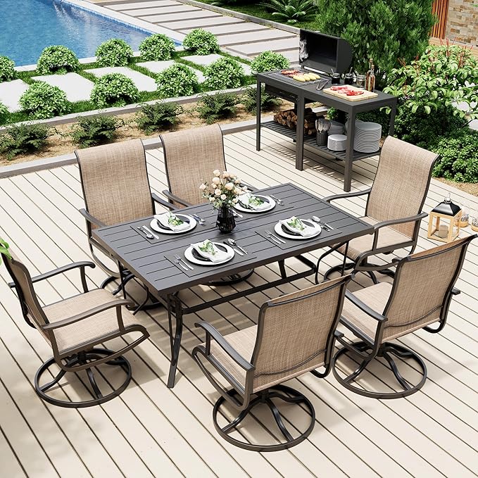 Pamapic 7-Piece Patio Dining Furniture Set with Swivel Chairs, Outdoor Table & 6 Textilene Chairs for Garden, Backyard, Pool, Deck, Beige Pamapic