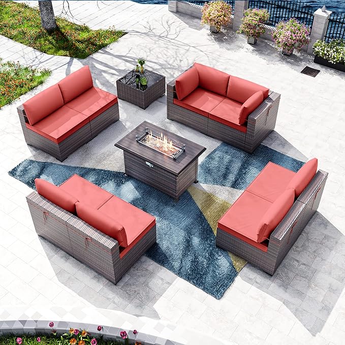 Kullavik 10 Pieces Outdoor Patio Furniture Set with 43" 55000BTU Gas Propane Fire Pit Table PE Wicker Rattan Sectional Sofa Patio Conversation Sets,Red KULLAVIK