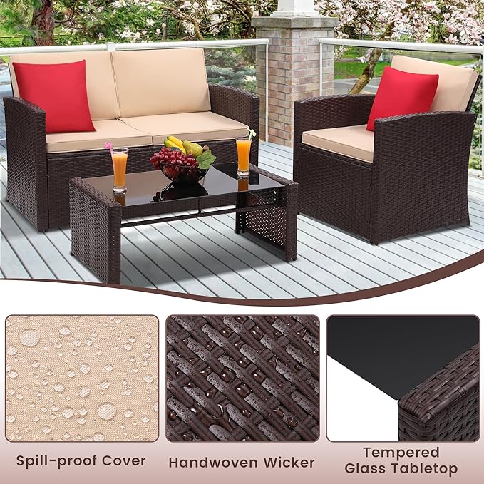 4-Piece Patio Furniture Set, Wicker Outdoor Rattan Sectional Sofa with Cushions and Glass Table, All-Weather Outdoor Conversation Set, Ideal for Garden, Porch, Backyard, Beige KROFEM