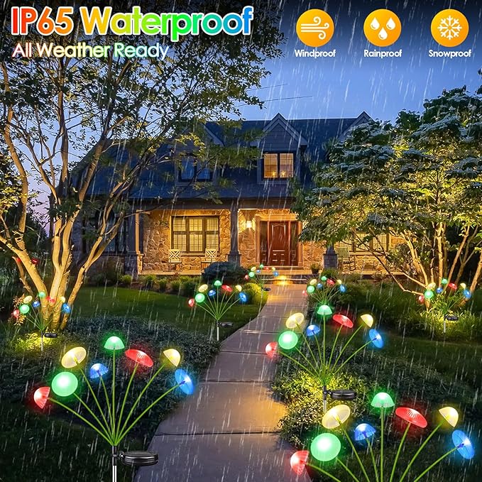 4PK 32LED Solar Garden Lights Outdoor, Mushroom Solar Lights Outdoor, IP65 Waterproof Firefly Light Outside Decor for Patio Pathway, Sway by Wind for Pathway Garden Mushroom Decorations, Multicolor KAQ