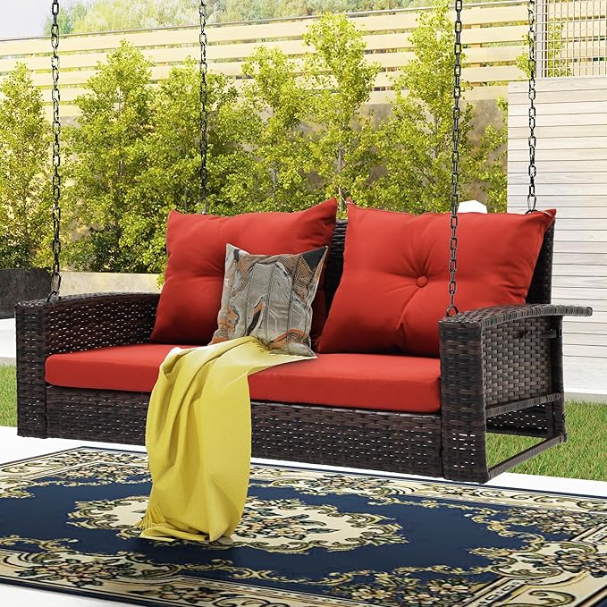 DWVO Hanging Porch Swing Chair Outdoor Wicker Rattan Patio Swing Lounge 2 Seats Cushions Capacity 530lbs for Balcony, Garden, Living Room, Brown Rattan Red Cushion DWVO