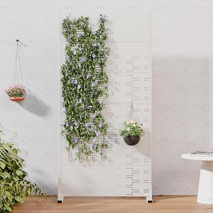 Casaphoria Metal Privacy Screen Outdoor, 72" H x 35" W Freestanding Decorative Privacy Screen for Patio Deck Balcony Garden with Stable Base, White-Brick Casaphoria