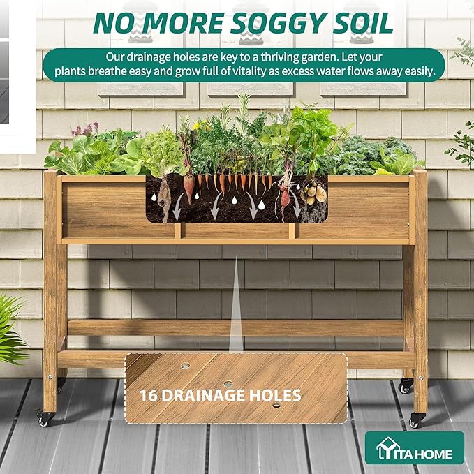 YITAHOME Raised Garden Bed HDPE, 47x18x31In Poly-Wood Weather-Resistant Raised Flower Bed, Elevated Planter Box with Lockable Wheels for Vegetables, Brown YITAHOME