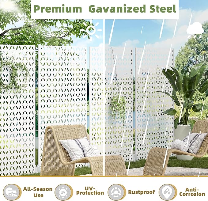 Casaphoria 72" H x 47" W Metal Privacy Screen, Outdoor Freestanding Decorative Divider for Patio, Deck, Balcony, and Garden with Stable Base, White-Daniel Casaphoria