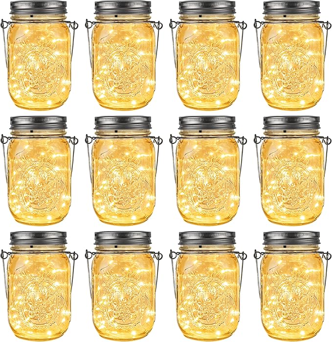 GIGALUMI Solar Mason Jar Lights, 12 Pack 30 Led String Fairy Lights Garden Lights Outdoor Waterproof Metal Lid Hanging Solar Lanterns for Outdoor, Garden, Patio, Lawn, Balcony Decoration GIGALUMI