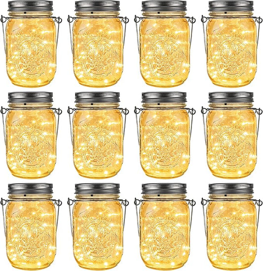GIGALUMI Solar Mason Jar Lights, 12 Pack 30 Led String Fairy Lights Garden Lights Outdoor Waterproof Metal Lid Hanging Solar Lanterns for Outdoor, Garden, Patio, Lawn, Balcony Decoration GIGALUMI