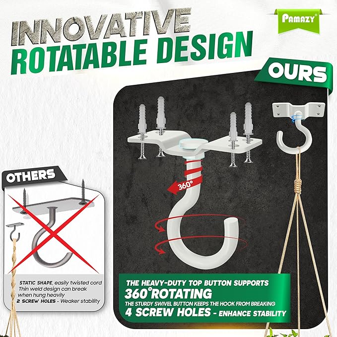 [UPGRADED] 200LBS 4Pcs Rotatable Ceiling Hooks with 4 Screw Points Plate Base, White Wall Mount Metal Hanger for Hanging Plants, Bird Feeders, Lanterns, Lights, Wind Chimes, Indoor Outdoor Decor Pamazy