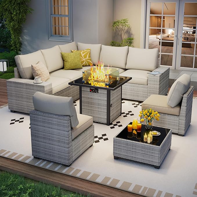 9 Piece Outdoor Patio Furniture Set with 28'' Fire Pit Table, Outdoor Sectional Furniture, Rattan & Wicker Modern Modular Conversation Set Sofa Couch W/Water Resistant Washable Thick Cushions, Beige Olimix